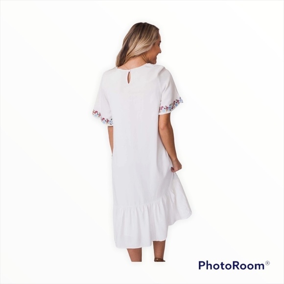 ORANGE CREEK LA White Floral Embroidered Short Sleeve Midi Dress Size Large - Picture 5 of 12